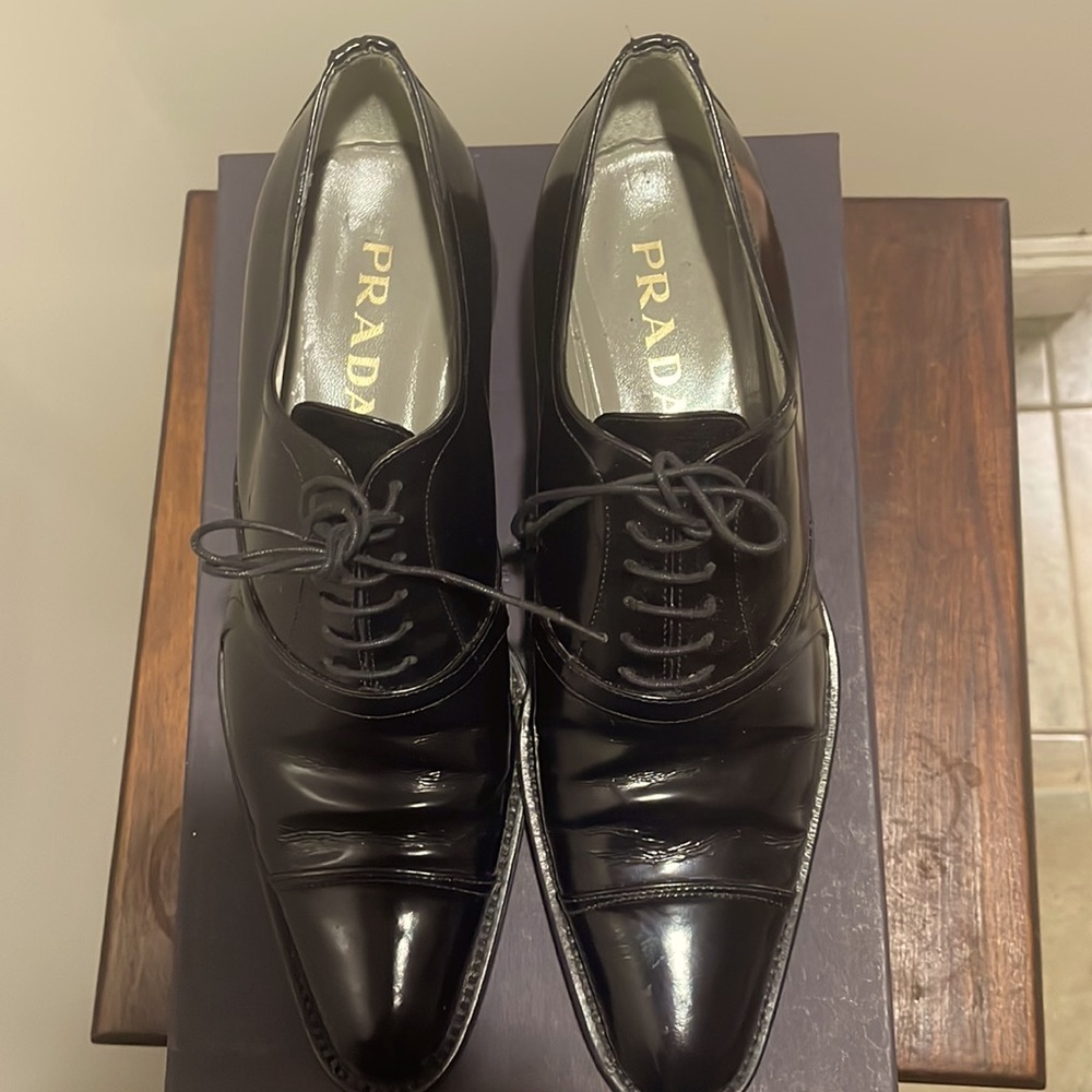 Vintage Prada Spazzolato Nero heeled loafers.